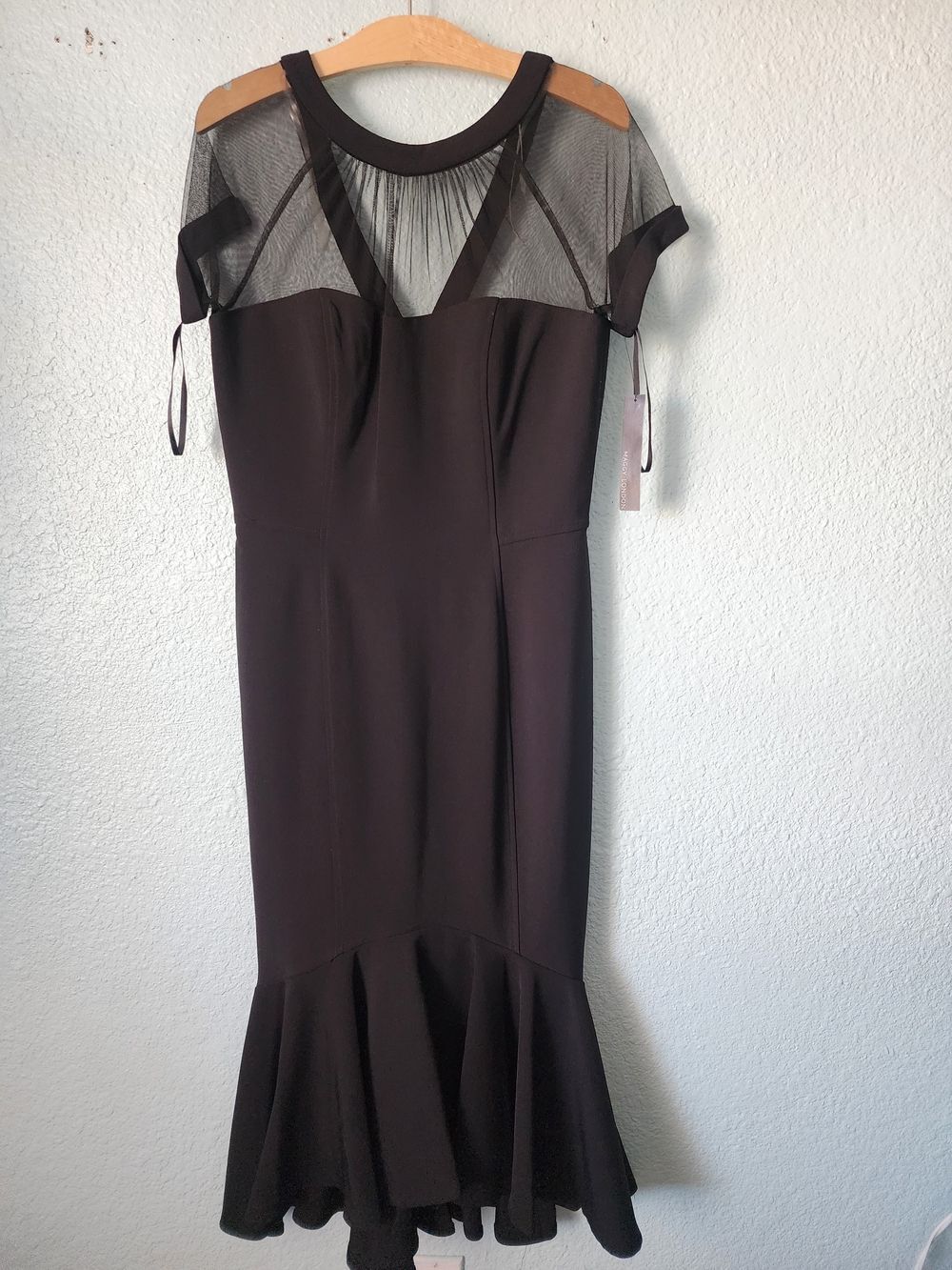 Maggy London Black Mesh Yoke Midi Dress with Flared Hem New With Tags
